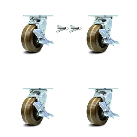 Service Caster 5 Inch High Temp Phenolic Caster Set with Roller Bearings 4 Brake 2 Swivel Lock SCC-30CS520-PHRHT-TLB-BSL-2-TLB-2